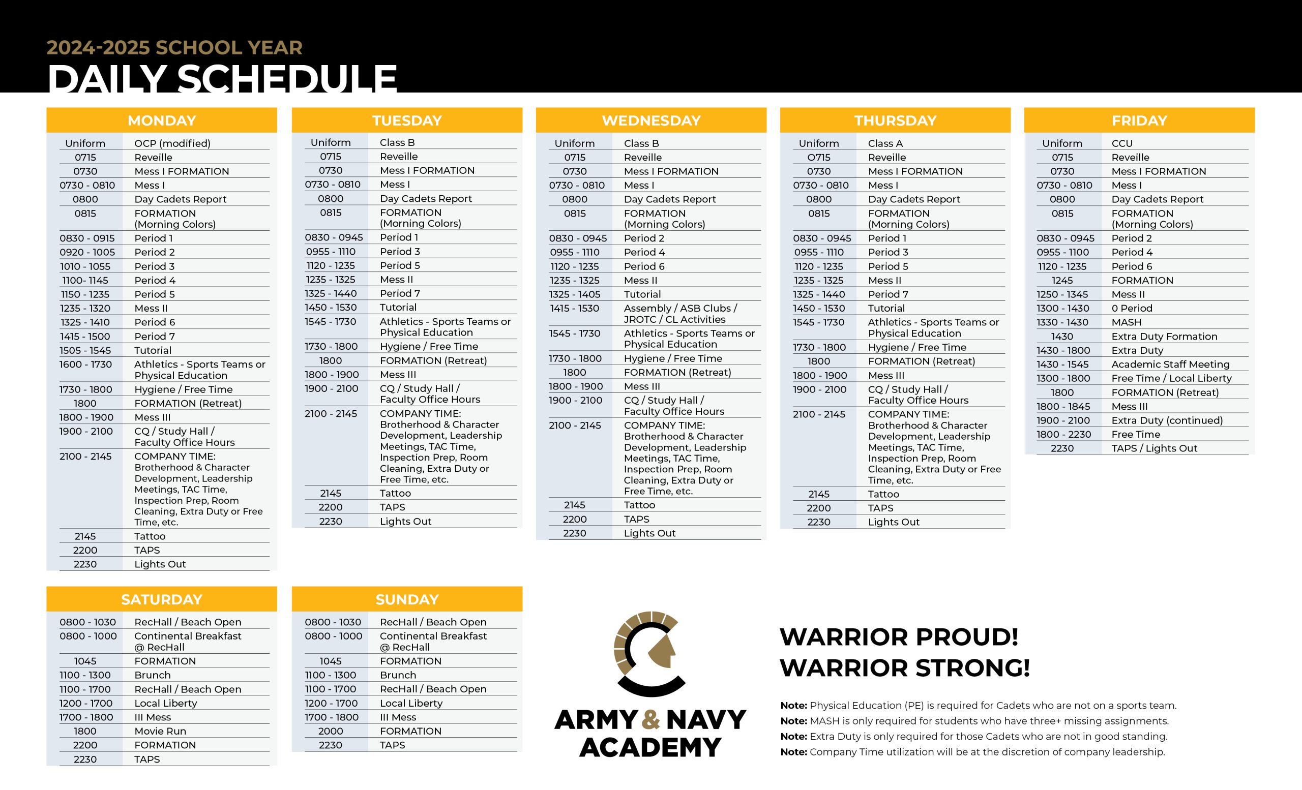 2024-2025 Daily Cadet Schedule